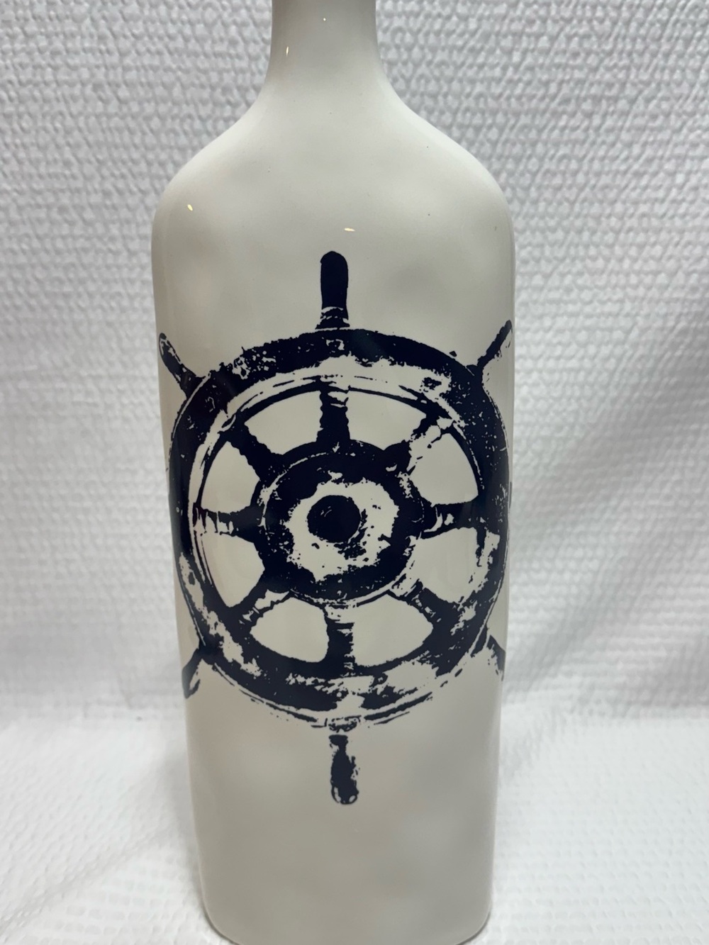 Vase  Nautical Wheel navy White Ceramic Bottle